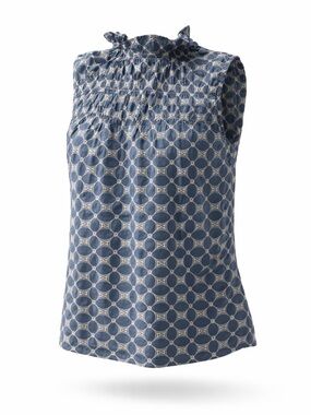 New with Tag! $90 THML Sleeveless Blue Print Smocked Neck Women's Top sz L